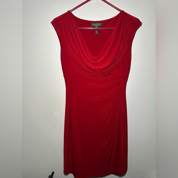 Ralph Lauren LRL Scarlet Red Cowl Neck Rusching Classy Knee Length Dress Size 6 - Picture 9 of 13